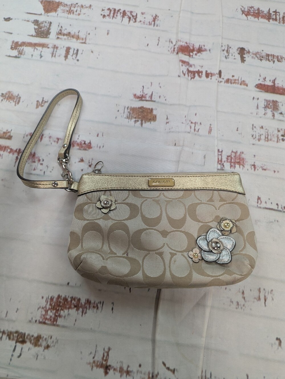 Coach Signature Floral Khaki Wristlet Wallet